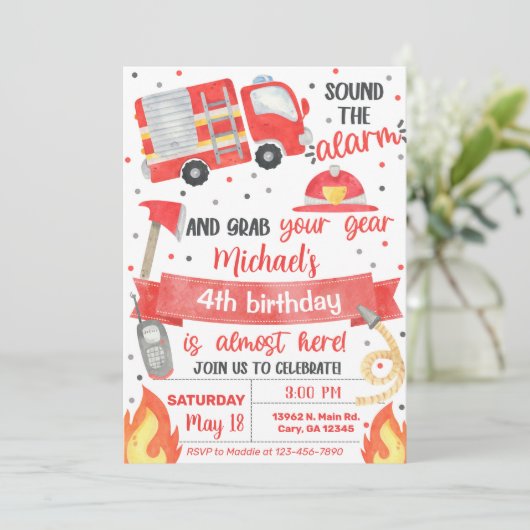 消防士の男の子の誕生日の招待状。 招待状 (スタンド正面)