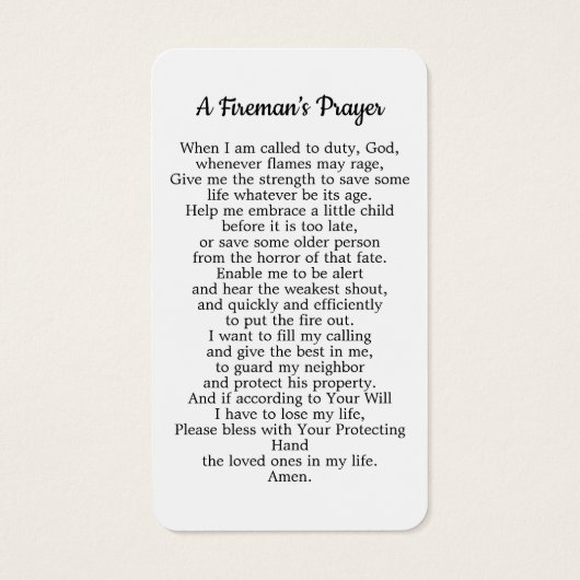 消防士の祈りの言葉カード消防士の卒業ギフト (裏面)