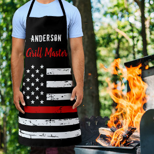 消防士の細い赤いライングリルマスターBBQエプロン エプロン