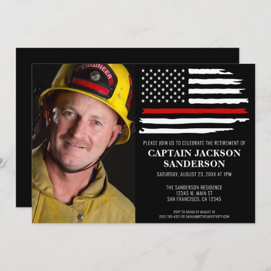 消防士の薄い赤い消防士の写真退職 招待状 (正面/裏面)