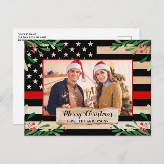消防士の薄い赤線のアメリカ国旗のクリスマス シーズンポストカード (正面/裏面)
