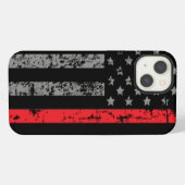 消防士の薄い赤線アメリカ国旗の消防士 iPhoneケース (裏面横)
