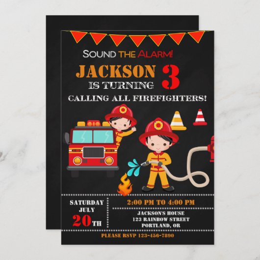 消防士の誕生日の招待ファイアートラックパーティー 招待状 (正面/裏面)