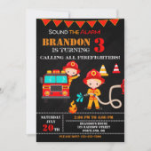 消防士の誕生日の招待ファイアートラックパーティー 招待状 (正面)