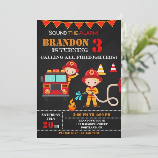 消防士の誕生日の招待ファイアートラックパーティー 招待状 (スタンド正面)