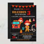 消防士の誕生日の招待ファイアートラックパーティー 招待状 (正面/裏面)