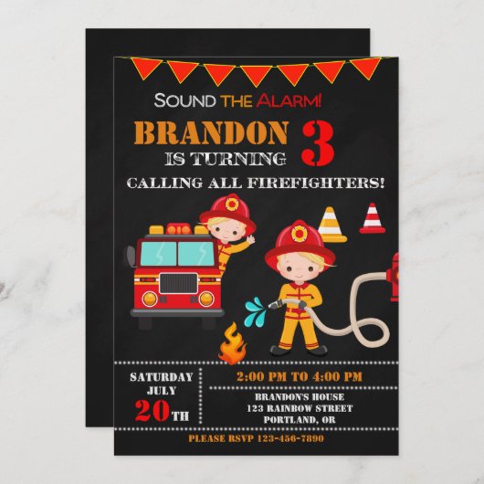 消防士の誕生日の招待ファイアートラックパーティー 招待状 (正面/裏面)