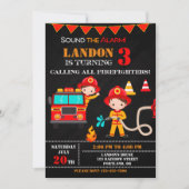 消防士の誕生日の招待ファイアートラックパーティー 招待状 (正面)