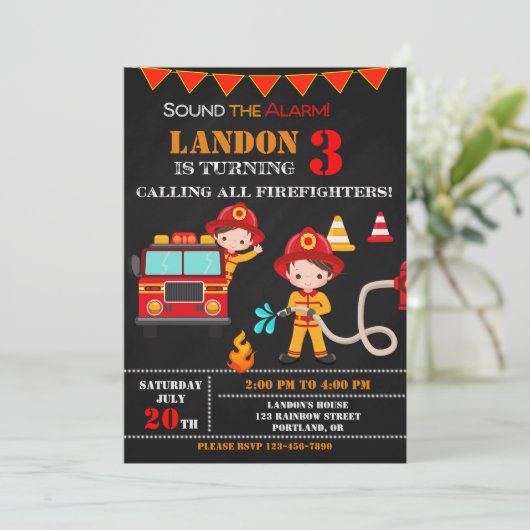 消防士の誕生日の招待ファイアートラックパーティー 招待状 (スタンド正面)
