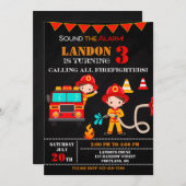 消防士の誕生日の招待ファイアートラックパーティー 招待状 (正面/裏面)