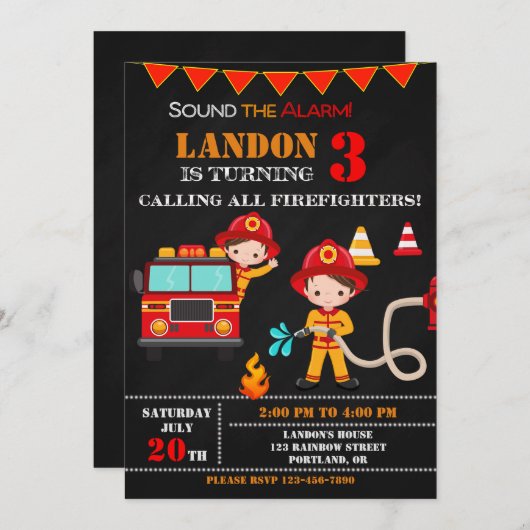 消防士の誕生日の招待ファイアートラックパーティー 招待状 (正面/裏面)