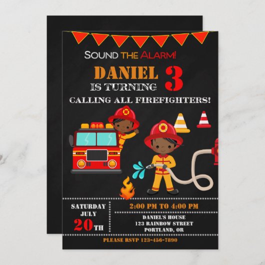 消防士の誕生日の招待ファイアートラックパーティー 招待状 (正面/裏面)