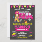 消防士の誕生日の招待状の女の子のピンク 招待状 (正面)