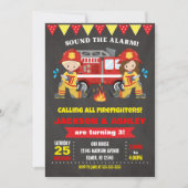 消防士の誕生日の招待状の接合箇所の女の子の男の子 招待状 (正面)