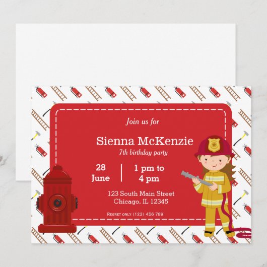 消防士の誕生日ガール 招待状 (正面/裏面)