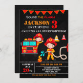 消防士の誕生日招待状　消防車のパーティー 招待状 (正面/裏面)