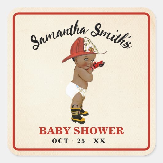 消防士の赤来ちゃんシャワーありがとう スクエアシール (正面)