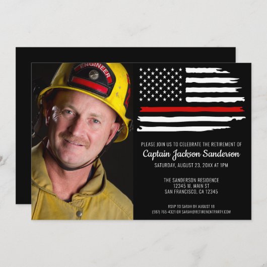 消防士の退職パーティー薄い赤線の写真 招待状 (正面/裏面)