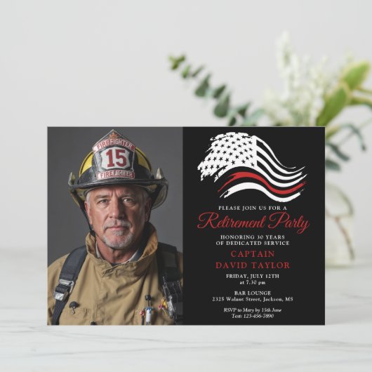 消防士の退職パーティー薄い赤線の写真 招待状 (スタンド正面)