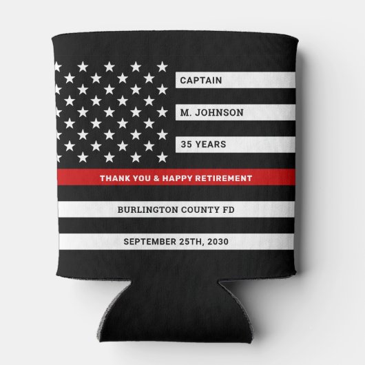 消防士の退職パーティー薄い赤線 缶クーラー (裏面)