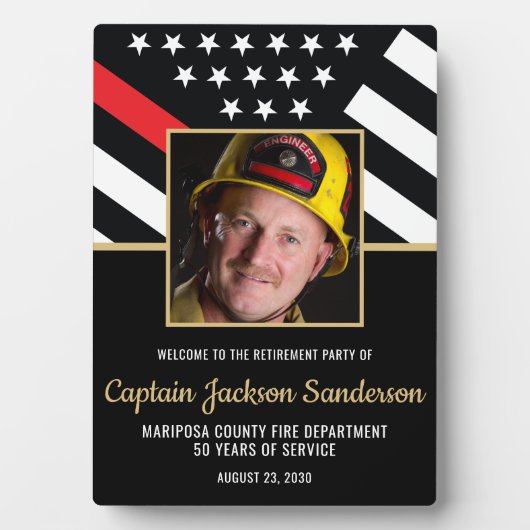 消防士の退職パーティー赤い線のフラグ写真 フォトプラーク (正面)