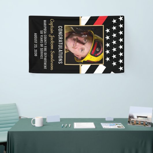 消防士の退職パーティー赤い線のフラグ写真 横断幕 (トレードショー)