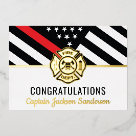 消防士の退職金の薄い赤いラインおめでとうカード 箔招待状