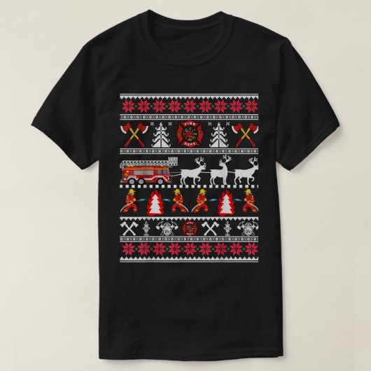 消防士の醜いクリスマスセーター、消防士の火災D Tシャツ (デザイン正面)
