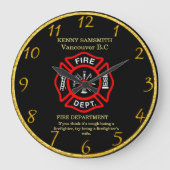 消防士の黒赤バッジ ラージ壁時計 (正面)