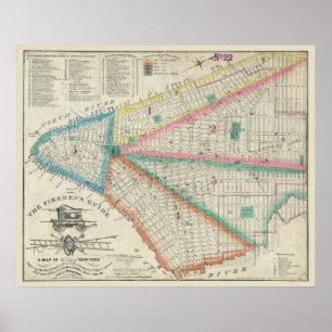 消防士の1834年にNYCの地図-ヴィンテージFDNYポスター ポスター