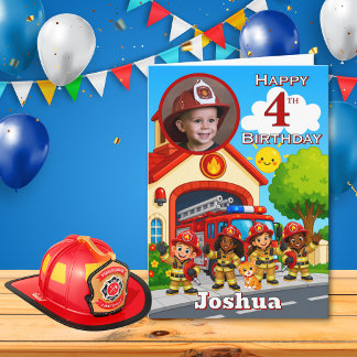 消防士の4歳の誕生日フォトカード カード