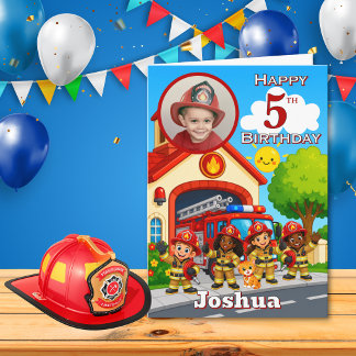 消防士の5歳の誕生日フォトカード カード