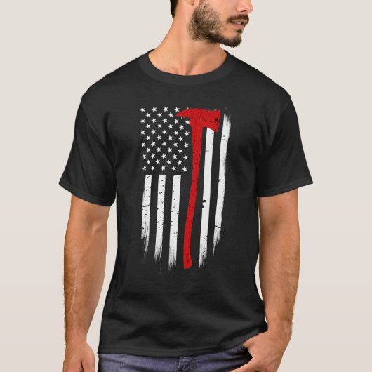 消防士アメリカ国旗Ax消防士サポート Tシャツ (正面)