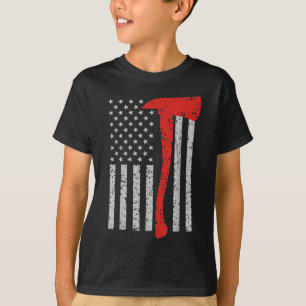 消防士アメリカ国旗Ax薄い赤線パトリオ Tシャツ