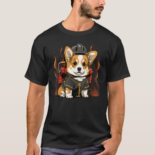 消防士ウェルシュ・コーギーの上のウェルシュ・コーギー消防士 Tシャツ (正面)