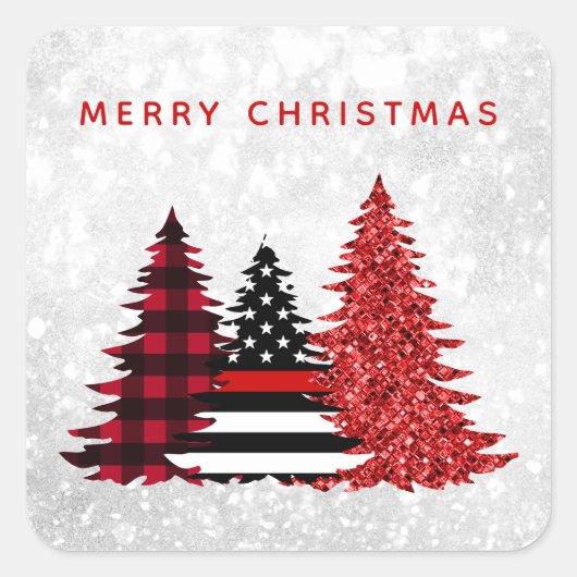 消防士クリスマスツリーレッドラインプレイドグリッター スクエアシール (正面)