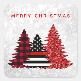 消防士クリスマスツリーレッドラインプレイドグリッター スクエアシール