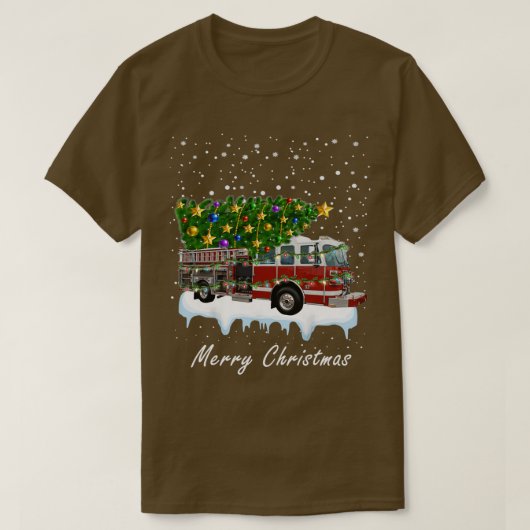 消防士クリスマスツリー上トラック火災クリスマス1 Tシャツ (デザイン正面)