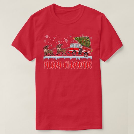 消防士クリスマスパジャマメリークリスマスツリー花火 Tシャツ (デザイン正面)