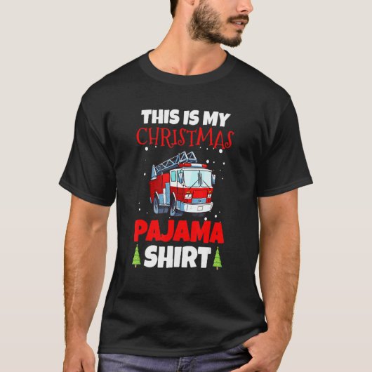 消防士クリスマスパジャマ火災トラック消防士 Tシャツ (正面)