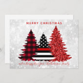 消防士クリスマスレッドラインプレイドグリッターツリー シーズンカード (正面/裏面)