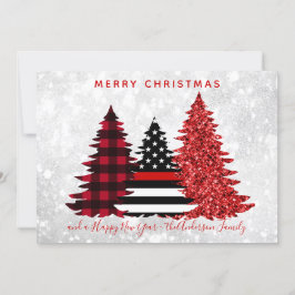 消防士クリスマスレッドラインプレイドグリッターツリー シーズンカード