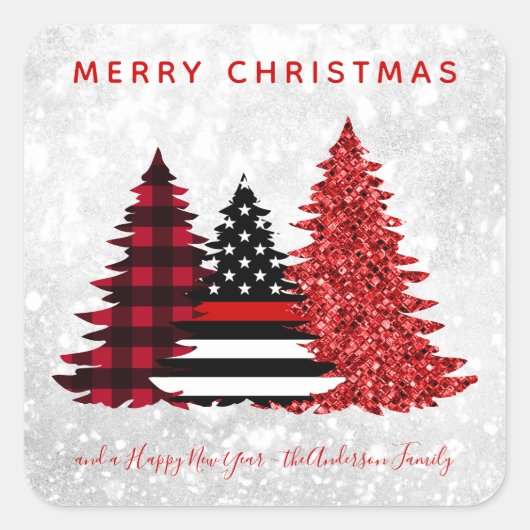 消防士クリスマスレッドラインプレイドグリッターツリー スクエアシール (正面)