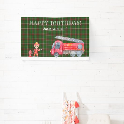 消防士クリスマス消防車の少年の誕生日パーティー 横断幕 (インサイチュ)