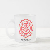 消防士シンボルファイアマンロゴ名前をカスタムする フロストグラスマグカップ (左)