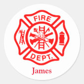 消防士シンボルファイアマンロゴ名前をカスタムする ラウンドシール (正面)