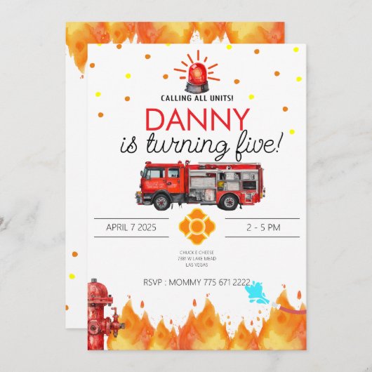 消防士テーマ誕生日招待状カード 招待状 (正面/裏面)