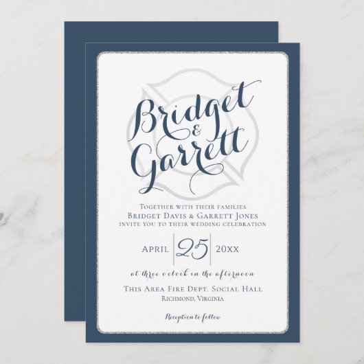 消防士デザイナー文字とモノグラム 招待状 (正面/裏面)