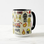 消防士パターン、消防車、救助ギア、火炎 マグカップ (正面右)