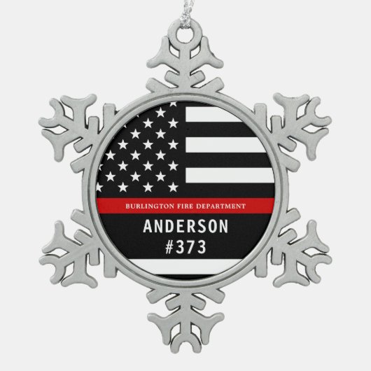 消防士パーソナライズされたの細い赤い線 スノーフレークピューターオーナメント (正面)